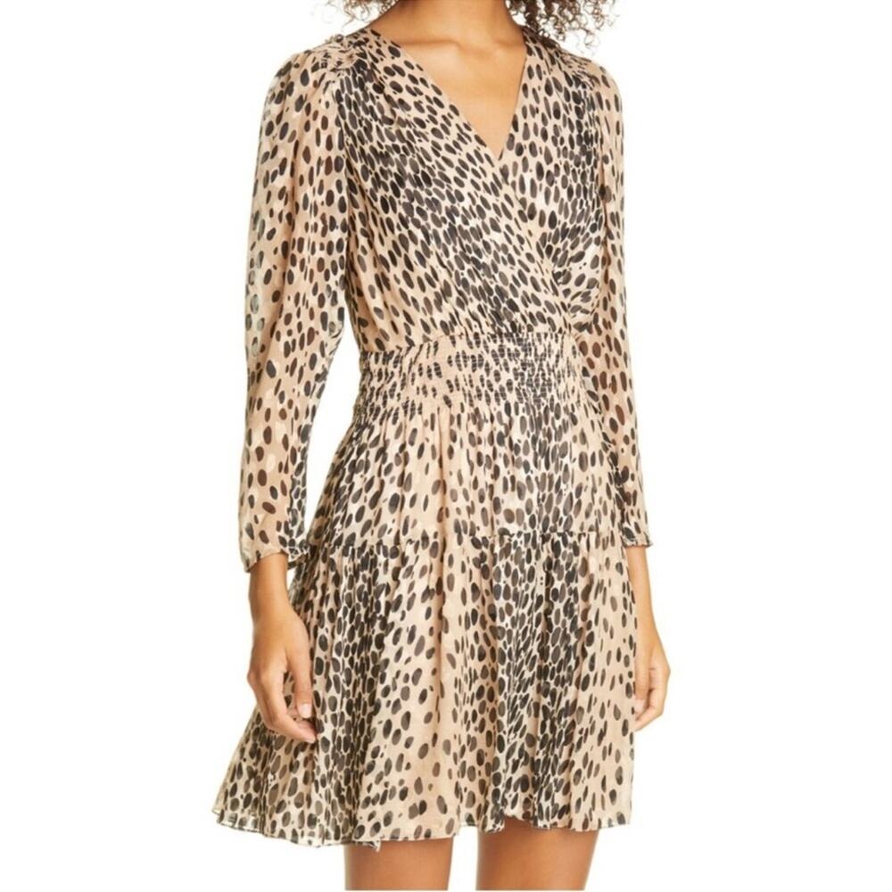 Rebecca Taylor Pebble Leopard Long-Sleeve Silk Short Dress